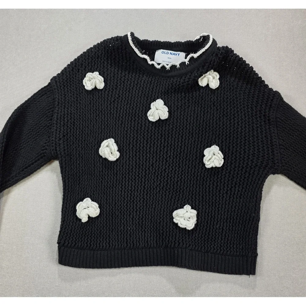 Old Navy Girls Black Sweater Medium 8 Loose Weave 3D‎ Pom Poms